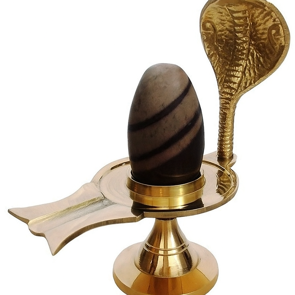 Narmadeshwar Shivling (2.5 Cms Approx) with Detachable Brass Jalheri and Brass Snake Hood Shiv Lingam (1 Pc)